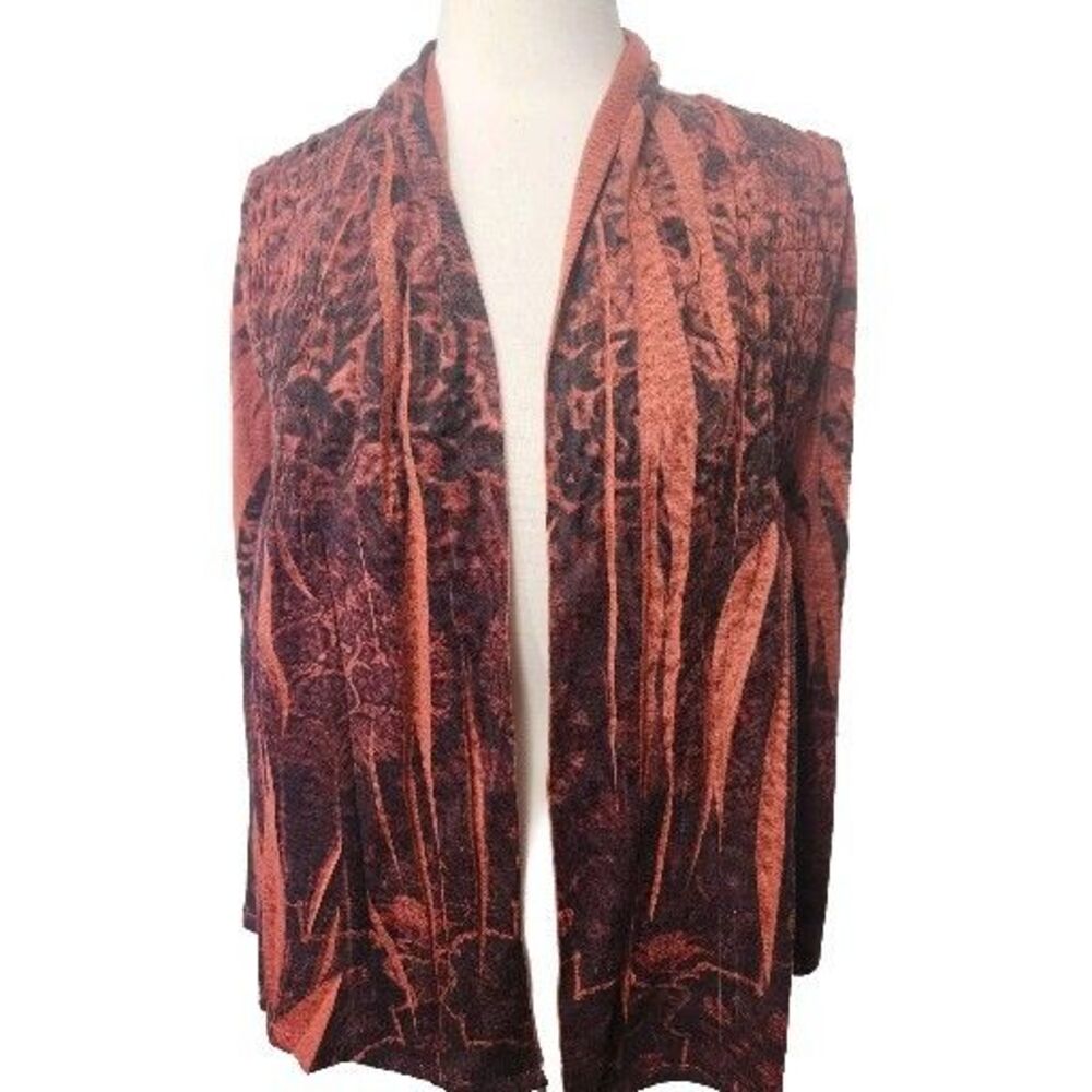 One World Womens Open Front Top Large Knit Sublimated SMOCKED orange Red LS